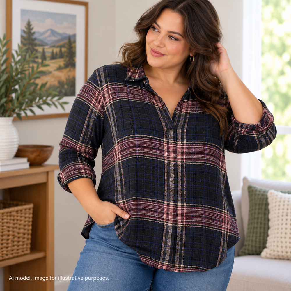 Cloth Stone Shirt Women XL Textured Plaid Boho Prairie Hidden Placket Collared V